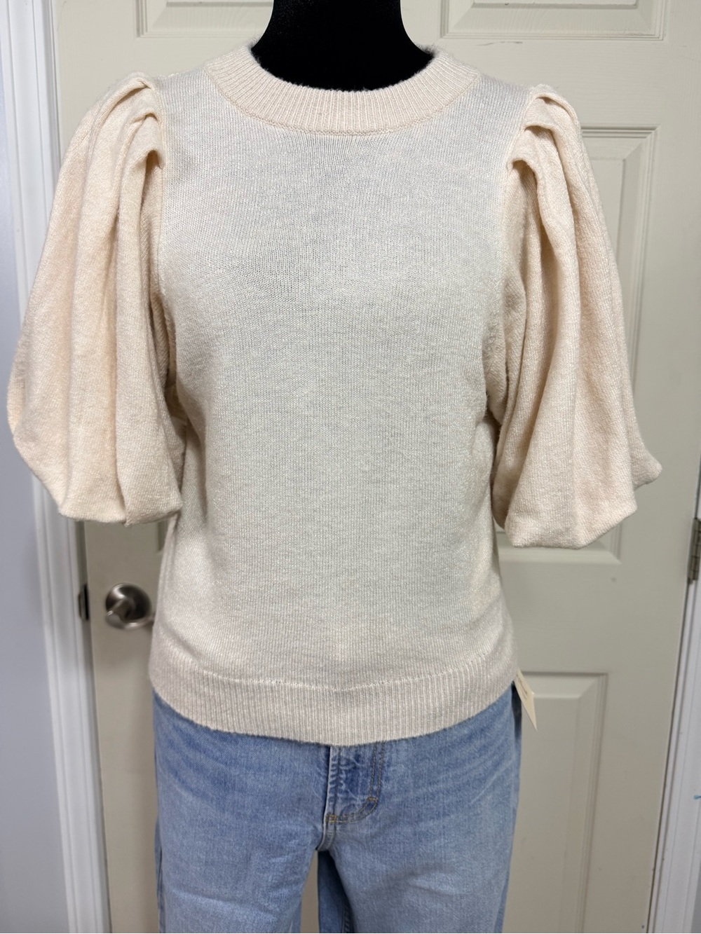 Future Collective Cream Puff-Sleeve Knit Sweater - Cream